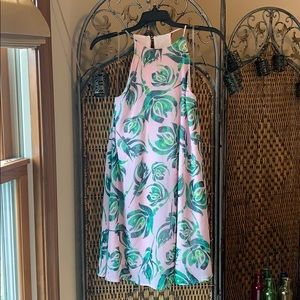 Breezy pink summer dress with green print